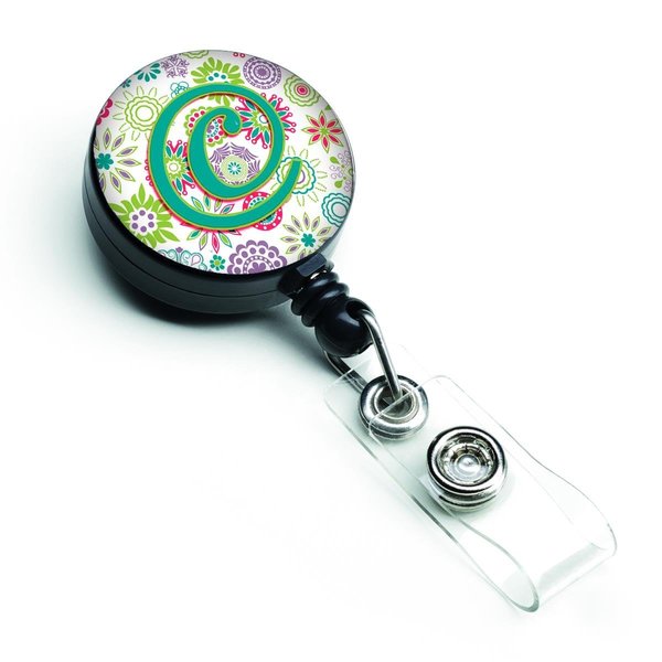 Carolines Treasures Letter C Flowers Pink and Teal Green Initial Retractable Badge Reel CJ2011-CBR